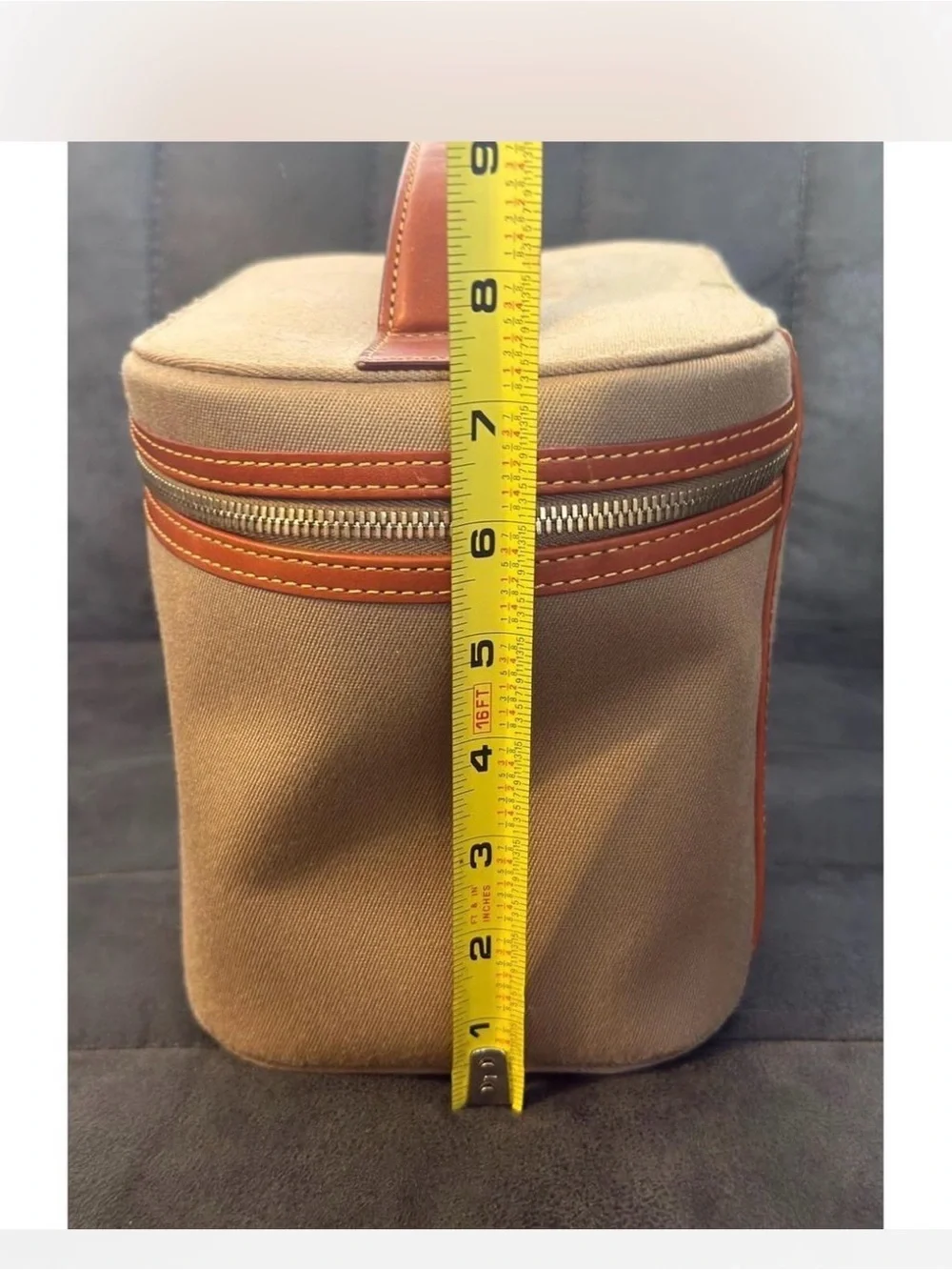 Dooney & Bourke Tan Canvas Travel Train Cosmetic Case with Brown Leather Trim